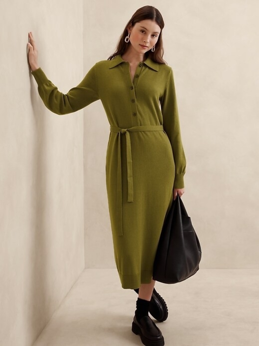 Banana Republic Olive Green Knit Midi Shirt Dress with Tie Belt